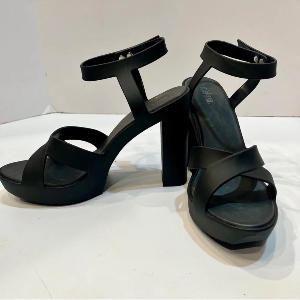 SOLD Melissa Chic Black Strappy platform chunky heels - Picture 4 of 7